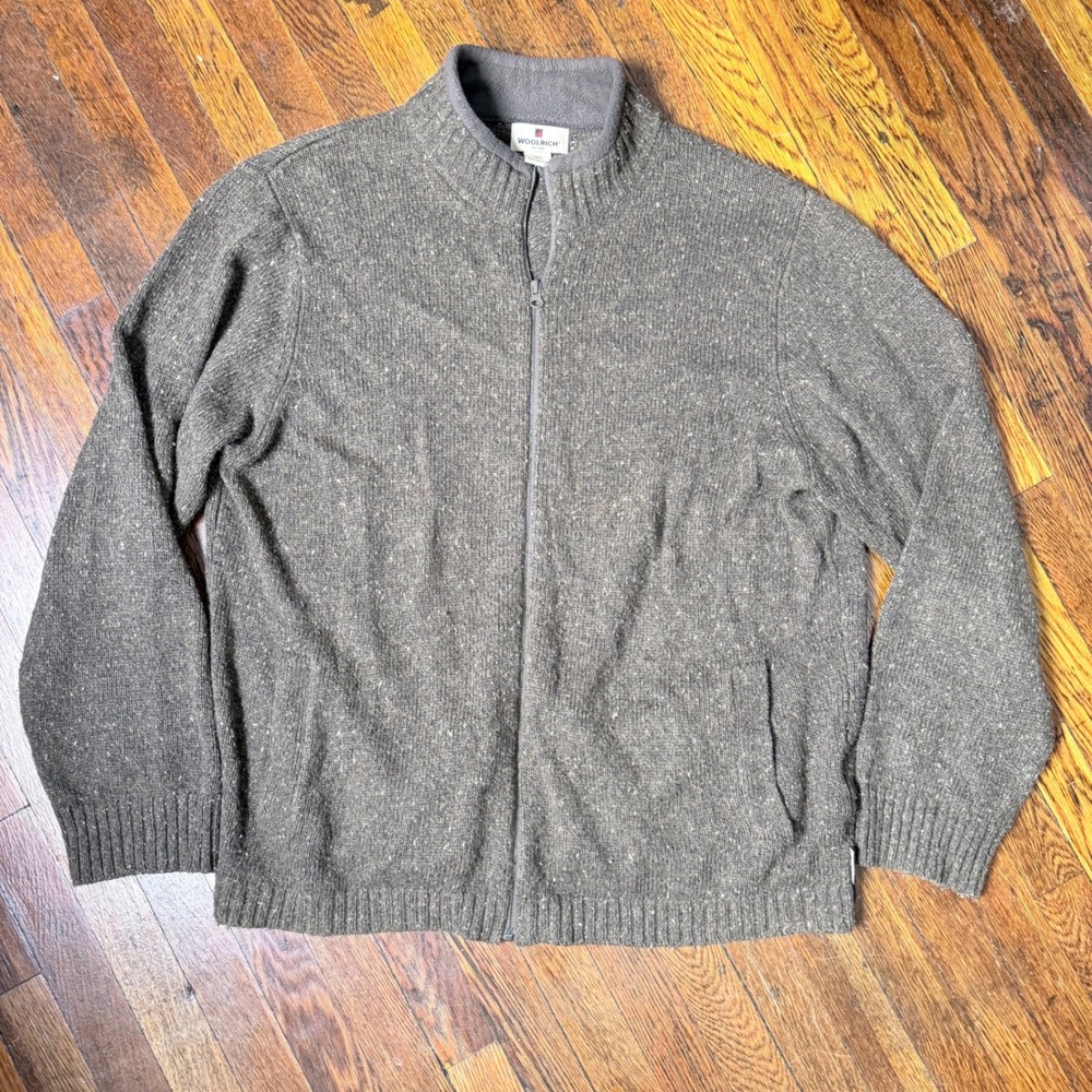 Woolrich Mens XL Full Zip Cardigan Sweater Wood Heather Brown Flecked Wool Blend